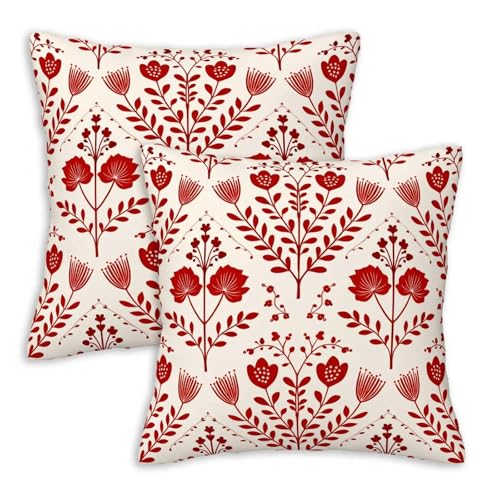 Nordic Folk Floral Throw Pillow Covers 18x18 Set of 2 | Red Scandinavian Botanical Pattern Cushion Cases | Modern Decorative Pillowcases for Sofa Living Room | Minimal Farmhouse Home Decor - color: Red Scandinavian