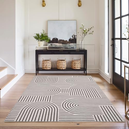 ROYHOME Modern Washable Rug Rainbow 3x5 Area Rugs for Living Room Non Slip | Abstract Rug for Bedroom, Throw Rugs with Rubber Back, Low Pile Stain Resistant Geometric Carpet for Playroom Dorm LightCamel - color: Light Camel, size: 3' x 5' (Rectangular)