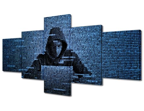 Bathroom Decor Wall Art Hacker in Data Security Printed Wall Paintings 5 Pieces Hacker Using Laptop Wall Art for Living Room Decor Hacking the Internet Wall Pictures Framed Ready to Hang (50"Wx24"H) - color: Artwork-07, size: 50"Wx24"H