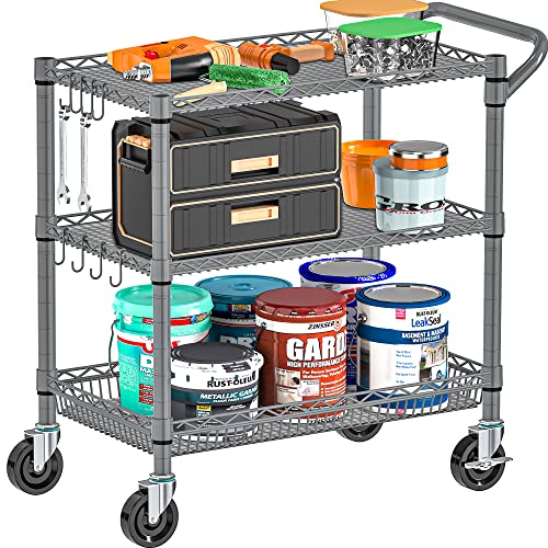 Folews Heavy Duty Rolling Cart with Wheels, 990LBS Metal Utility Cart | 3-Tier NSF Rolling Storage Organizer, Adjustable Shelves & Basket, Lockable Casters, Commercial Storage Trolley, Gray - style: Gray