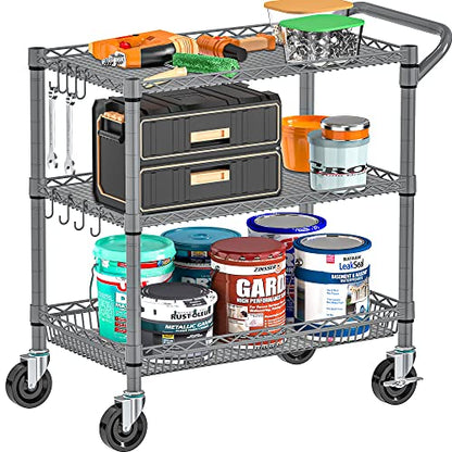 Folews Heavy Duty Rolling Cart with Wheels, 990LBS Metal Utility Cart | 3-Tier NSF Rolling Storage Organizer, Adjustable Shelves & Basket, Lockable Casters, Commercial Storage Trolley, Gray - style: Gray