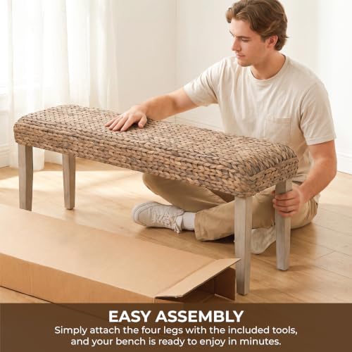 Solid Wood Acacia Indoor Bench, Natural Woven Water Hyacinth Seat, Grey Leg | Fishbone Style for Living Room or Entryway, Farmhouse Boho Coastal Bench - color: Fishbone - Grey Leg & Water Hyacinth