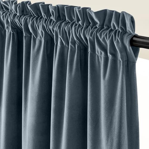 Blackout Dark Slate Velvet Curtains Rod Pocket 52×90 Inch 2 Panels | Soft Velvet, For Bedroom & Living Space, Light Shifting Texture, Elegant Drape, Serene, Fresh - color: R | Dark Slate, size: 52"W x 90"L (Pack of 2)