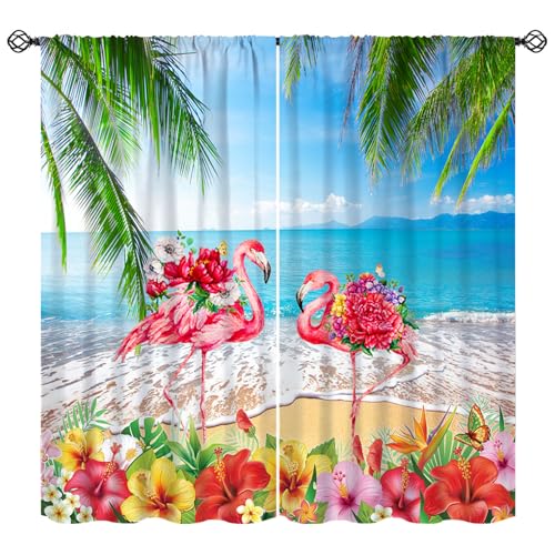 Summer Flamingo Curtain, Ocean Beach Tropical Palm Leaf Window Drapery Treatments for Bedroom Living Room Kitchen Bathroom 42" W X 45" L(No Blackout) - color: Flamingo-6, size: 20.5"W x 45"L (Pack of 2)