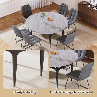 HIPIHOM 55‑Inch Extendable Dining Table Set with 6 Upholstered Chairs and Metal Frame for Dining Room - color: Grey/Grey