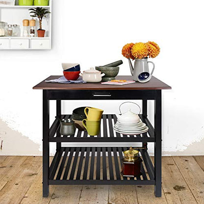 Casual Home Kitchen Island with Solid American Hardwood Top, Walnut&black - color: Walnut&black