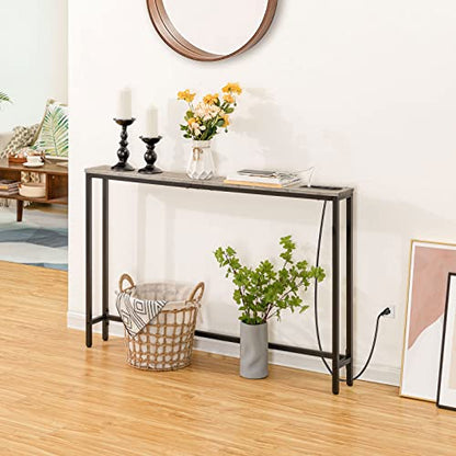 HOOBRO 47.2" Narrow Console Table with Power Outlets, 5.9" Behind Couch Table with Charging Station, Narrow Sofa Table, Long Entryway Table for Living Room, Hallway, Foyer, Greige BG15XG01G1 - color: Greige + Black, size: 47.2"L x 5.9"W x 31.5"H