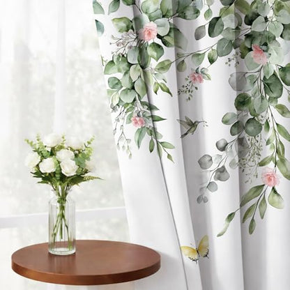 Green Botanical Eucalyptus Blackout Curtains, 2 Panels 42x84 Inch | Green Leaves and Pink Flower Butterfly Bird Design Nature Plant Botanical Room Darkening Curtains for Bedroom - color: Pink, size: 42"W x 84"L (Pack of 2)