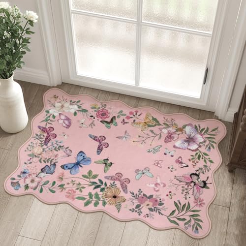 Washable Scalloped Butterfly Entryway Rug, 2x3 Pink Non-Slip Boho Indoor Door Mat Ultra Thin Soft Small Kitchen Rug, Modern Botanical Floral Throw Carpet for Bathroom Entrance Bedroom - color: Pink Butterfly, size: 2' x 3'
