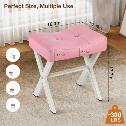 18-Inch Leather Vanity Stool Chair, Pink Saddle Vanity Stool | Vanity Bench, Metal X-Leg, 300 LBS, 16.3"x12.4"x18", Ottoman Accent Stool, Thick Padded Saddle Seat, For Living Room, Bedroom - size: Small, style: Pink Leather