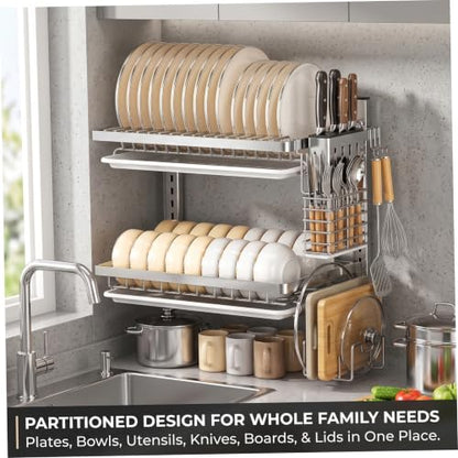 Wall Mounted Dish Drying Rack, 2 Tiers Over Sink Dish Drying Rack Rustproof Stainless Steel Drain Storage for Kitchen, Silver..