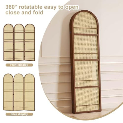 Rattan Room Divider with Bookshelf,Privacy Screen for Home Office & Bedroom,Portable Partition, Wooden Frame - color: Walnut-rattan