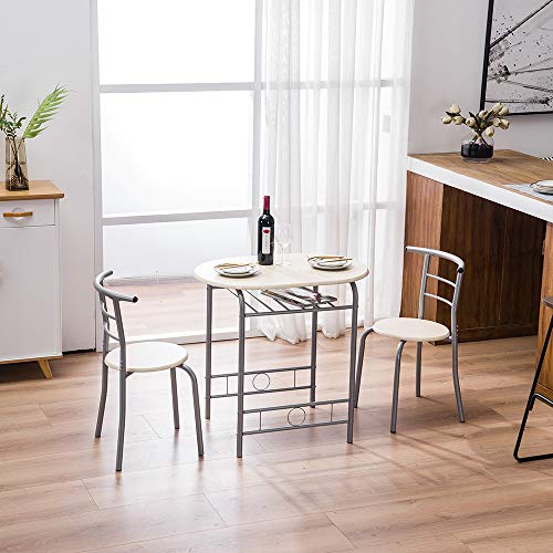 VINGLI 3 Piece Dining Set, Small Kitchen Table Set for 2, Breakfast Table Set, Kitchen Wooden Table with 2 Chairs for Small Space/Dining Room/Apartment, Metal Frame, Wine Rack, Beige - color: Beige