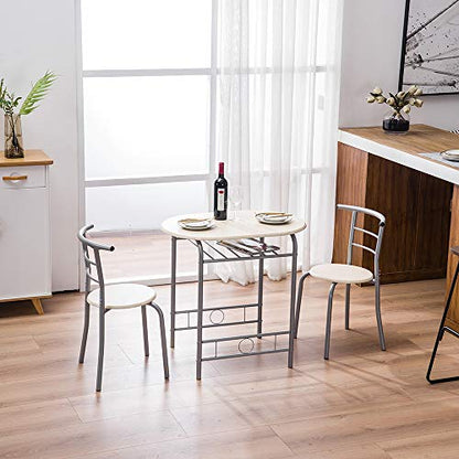 VINGLI 3 Piece Dining Set, Small Kitchen Table Set for 2, Breakfast Table Set, Kitchen Wooden Table with 2 Chairs for Small Space/Dining Room/Apartment, Metal Frame, Wine Rack, Beige - color: Beige