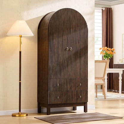 IFGET 71" Tall Arched Pantry Cabinet, Fluted Kitchen Storage Cabinet with Adjustable Shelves and 2 Large Drawers, Freestanding Morden Versatile Cupboard for Living Room, Bathroom, Brown - color: Brown