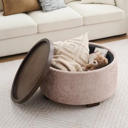 Zihanhome 30" Round Chenille Storage Ottoman Coffee Table with Removable Tray Top, Large Hidden Storage Ottoman, Solid Wood Legs for Living Room, Bedroom, Apartment (Pink) - color: Pink