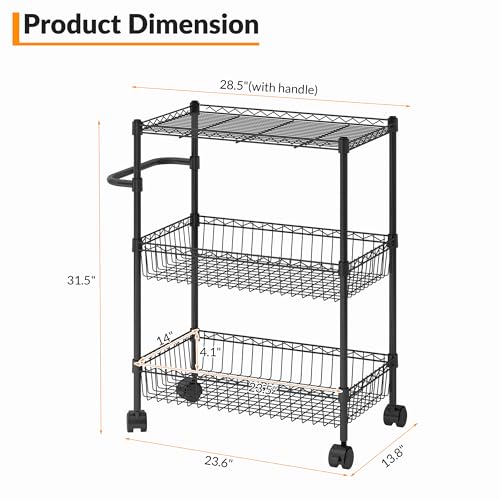 Black 3 Tier Rolling Storage Cart, Metal Wire Kitchen Cart with Baskets & Handle, Utility Trolley on Wheels for Kitchen, Bathroom, Laundry, Pantry & Office - color: Black