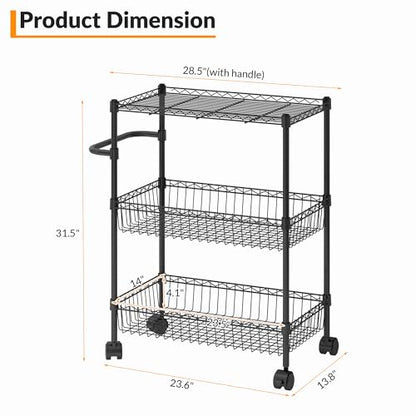 Black 3 Tier Rolling Storage Cart, Metal Wire Kitchen Cart with Baskets & Handle, Utility Trolley on Wheels for Kitchen, Bathroom, Laundry, Pantry & Office - color: Black