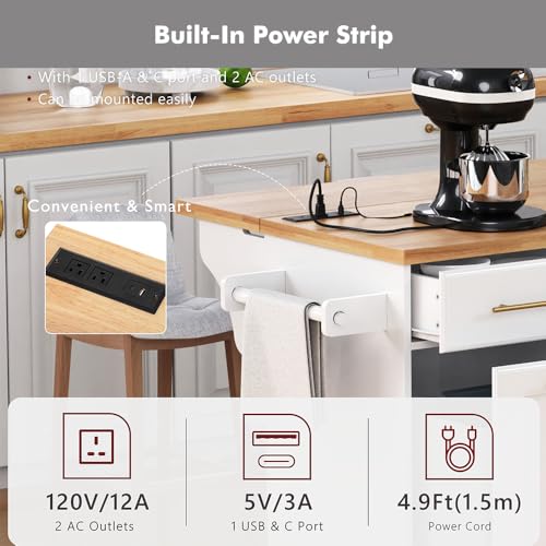 59.3" Rolling Kitchen Island with Trash Can Storage, Mobile Kitchen Storage Island with Drop Leaf, Power Outlet, Pull Out Cabinet Organizer (White) - color: White