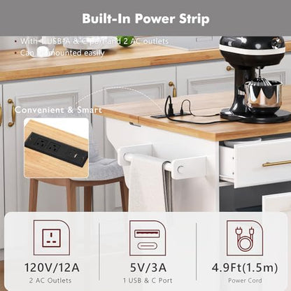 59.3" Rolling Kitchen Island with Trash Can Storage, Mobile Kitchen Storage Island with Drop Leaf, Power Outlet, Pull Out Cabinet Organizer (White) - color: White