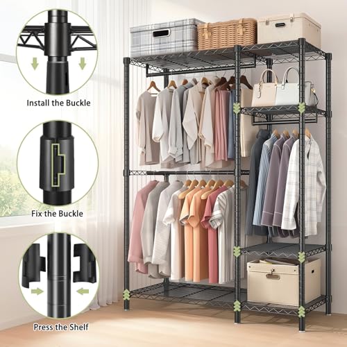 Heavy Duty Garment Rack with Shelves, Black | Heavy Duty Clothes Rack with 3 Hanging Rods & 6 Shelves, Freestanding Adjustable Garment Rack for Bedroom - size: 44.88''W×17.13D''×76.38''H