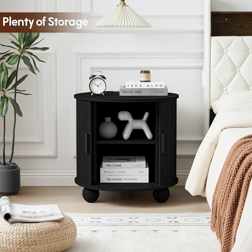 24" Round End Table with Charging Station, Fluted Side Table, Black | Farmhouse Sofa Side Tables Living Room, Mid-Century Wood Nightstand with Sliding Tambour Door & Storage, Round End Table - color: Black