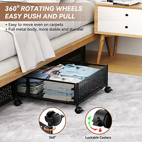 Under Bed Stroage Container with wheels,Patterned,Metal,2 Pack,Black | Tool-free assembly, glide smoothly, easy reach, foldable, maxmazie low-profile beds, dorm, keep seasonal clothes, shoes fresh - color: Black, size: 2 Pack(15.7×23.6")
