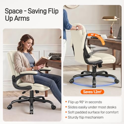 Office Chair, Executive Mid-Back Computer Desk Chair with Flip-up Armrests | 300 Lbs Ergonomic Leather Swivel PC Chair with Rock Function for Working Studying (Creamy White) - color: Creamy White