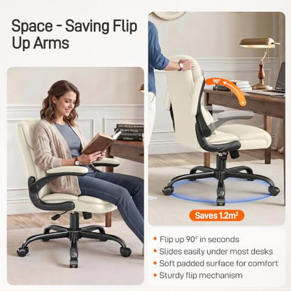 Office Chair, Executive Mid-Back Computer Desk Chair with Flip-up Armrests | 300 Lbs Ergonomic Leather Swivel PC Chair with Rock Function for Working Studying (Creamy White) - color: Creamy White