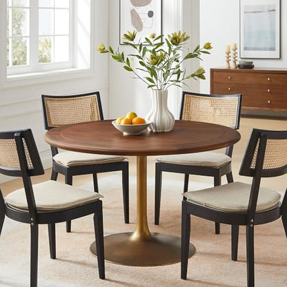 Modway Lippa 48 Inch Round Wood Dining Table with Metal Pedestal in Brass Walnut - Modern Industrial Dining Table for 4 People - Solid Wood Tulip Kitchen Table - color: Brass Walnut, size: 48" Round