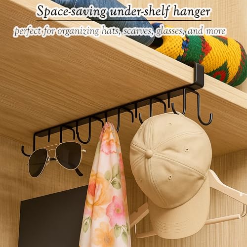2 Pack Under Cabinet Hook Rack, 12-Hook Double Row Metal Hanging Organizer for Kitchen Utensils, Mugs, Closet Accessories, No Drill Shelf Hanger – Black & White