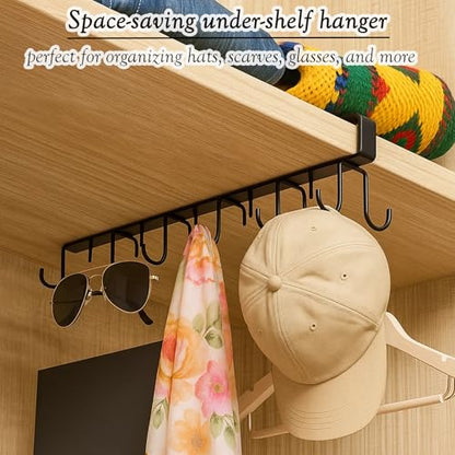 2 Pack Under Cabinet Hook Rack, 12-Hook Double Row Metal Hanging Organizer for Kitchen Utensils, Mugs, Closet Accessories, No Drill Shelf Hanger – Black & White