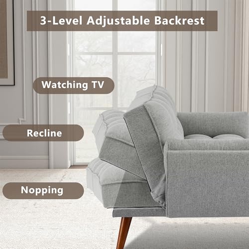 Futon Sofa Bed Modern Convertible Sleeper Sofa, 75” Linen Twin Size Futon Couch Comfy Recliner Sofa Couch with Adjustable Split Backrest for Living Room Small Spaces, Grey - color: Grey