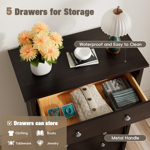Furmax Tall Dresser for Bedroom, 5 Drawer Dresser, Chest of Drawers, Organizer Drawers, for Hallway Entryway (Brown) - color: Brown