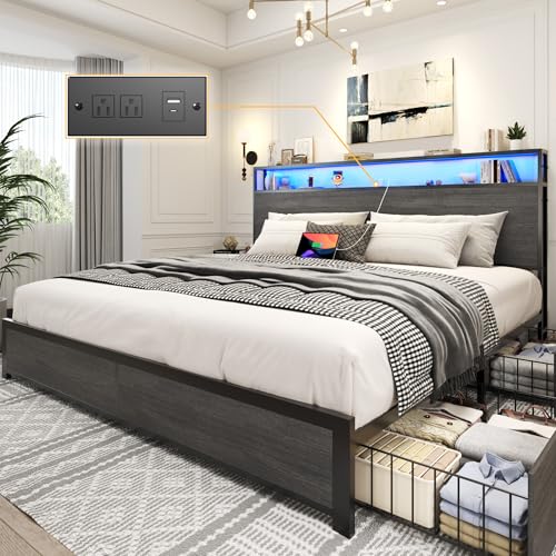 Lifezone King Bed Frame with 2-Tier Storage Headboard, Metal Platform Bed Frame with 4 Storage Drawers, Built in Charging Station & LED, Noise-Free/Metal Support/No Box Spring Needed, Rustic Grey - color: Rustic Grey, size: King