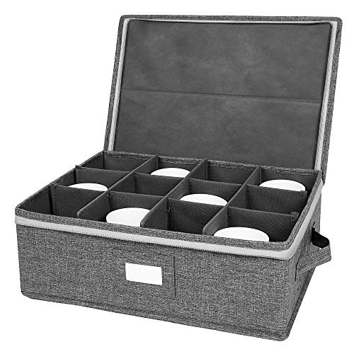popoly Mug Storage Box with dividers, China Coffee Cup Storage Containers | Coffee Mug Storage with Rivet Reinforced Handles, Holds 12 Coffee Mugs and Tea Cups, Structured Top and Stackable (Grey) - size: 1 Pack