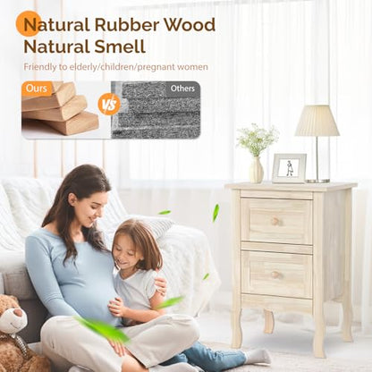Bonnlo Nightstands Set of 2, Solid Wood Nightstand Unfinished for Color DIY, Small Night Stand for Bedroom, Natural Wood Nightstand with Drawers, Light Wood Nightstands, Real Wooden Bed Side Table - color: Natural Wood