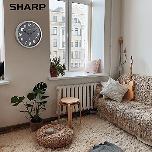 Sharp 12-Inch Atomic Wall Clock, Battery Powered, Grey Face Silver Frame | Self-setting atomic time; Easy-read analog face; Automatic time adjustment; Simple setup; Versatile home or office style - color: Silver / Grey, size: Large