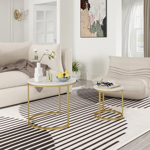 Otterease Nesting Tables Set of 2, Round Coffee Table, Small Nesting Coffee Table with Adjustable Non-Slip Fee, White Marble Top Stack Nesting Tables Set of 2 for Living Room, Bedroom (White) - color: 23.6" Marble White