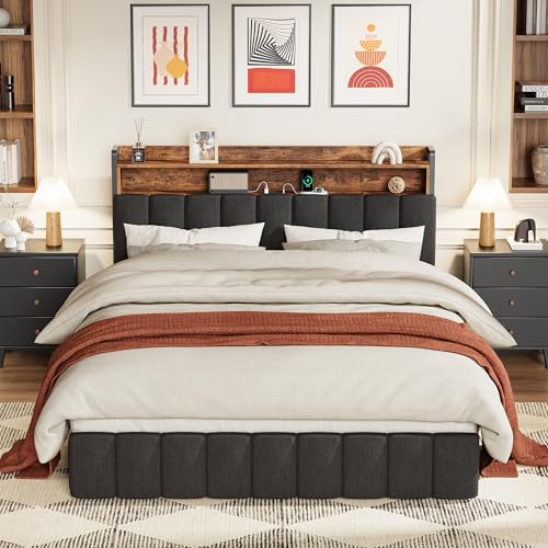 Bed Frame Queen Size with Upholstered Headboard & Charging Station, Queen Bed Frame with 4 Storage Drawers, 2-Tier Open Shelves, No Box Spring Needed, Slient Foam Strip, Easy Assembly, Black - color: Rustic Brown and Black, size: Queen
