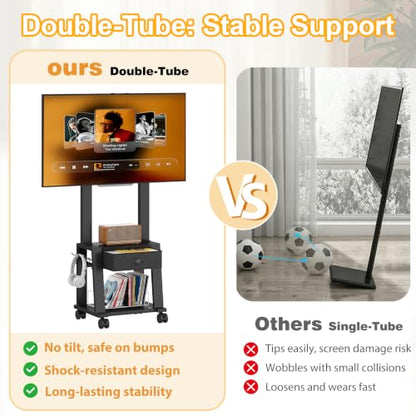 Rolling TV Stand with Storage for 23-60 Inch TVs up to 88 lbs, Height Adjustable Tilt Mobile TV Mount Cart with Drawer & 2 Shelves, Space-Saving Corner Design for Bedroom Living Room, VESA 400x400mm - size: 1 Drawers