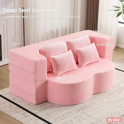 78” Convertible Sofa Bed, Full Size Sleeper Couch, Pink | Boneless Folding Loveseat, Deep Seat, Soft Chenille, 4 Pillows, No Assembly, for Guest Living Room Bedroom - color: Pink, size: 78"