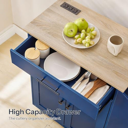 HOOBRO Kitchen Island with Power Outlet, Kitchen Storage Island with Spice Rack and Drawer, Rolling Kitchen on Wheels, for Home, Dining Room, Natural and Blue UN82UZD01G1 - color: Natural + Blue