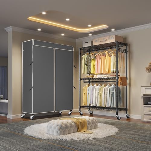 VIPEK R2C Plus Rolling Clothes Rack with Cover Portable Closet Heavy duty | Lockable Silent Wheels, Double Hanging Rods, Adjustable Wire Shelving/Side Hooks, Polyester Cover, 650lbs for Home/Dorm - color: Black Rack with Grey Cover, size: R2C Plus