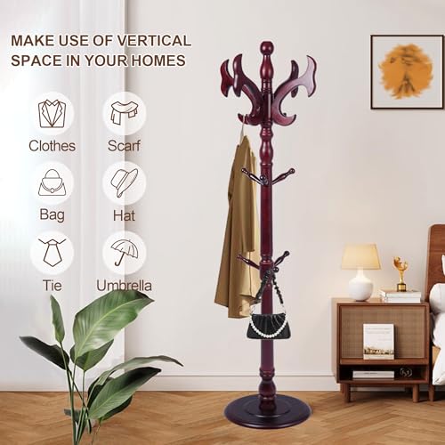 Wooden Coat Rack Freestanding with 14 Hooks, Adjustable Height Coat Tree Free Standing Heavy Duty for Entryway, Easy Assembly Solid Wood Sturdy Coat Hats Hanger Stand for Office Hallway Bedroom - color: Redwood-Solid Wood Hook B