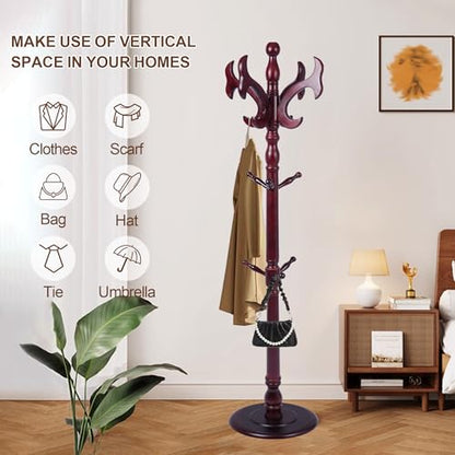 Wooden Coat Rack Freestanding with 14 Hooks, Adjustable Height Coat Tree Free Standing Heavy Duty for Entryway, Easy Assembly Solid Wood Sturdy Coat Hats Hanger Stand for Office Hallway Bedroom - color: Redwood-Solid Wood Hook B