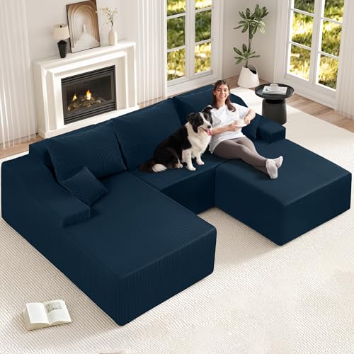 94“ U Shaped Modular Sectional Couch for Living Room, Modular Cloud Sofa with Ottoman, No Assembly Boneless Couches with Deep Seat, Corduroy Fabric (Blue, Left Facing) - color: Corduroy Blue, size: 94" U-Shaped Sofa-L