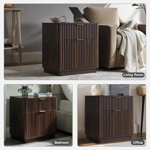 T4TREAM 23'' Fluted Nightstand with Charging Station, Modern, Dark Walnut | Large 2 Drawer, Curved Profile, Mid-Century, Bedside Table with Storage, End Table for Living Room, Bedroom, Side Table - color: Dark Walnut