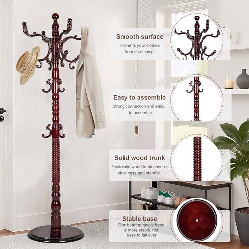 Wooden Coat Rack Freestanding with 18 Hooks, Adjustable Height Coat Tree Free Standing Heavy Duty for Entryway, Easy Assembly Solid Wood Sturdy Coat Hats Hanger Stand for Office Hallway Bedroom - color: Redwood-Resin Hook