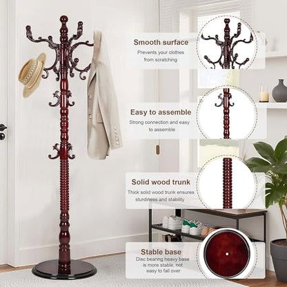 Wooden Coat Rack Freestanding with 18 Hooks, Adjustable Height Coat Tree Free Standing Heavy Duty for Entryway, Easy Assembly Solid Wood Sturdy Coat Hats Hanger Stand for Office Hallway Bedroom - color: Redwood-Resin Hook